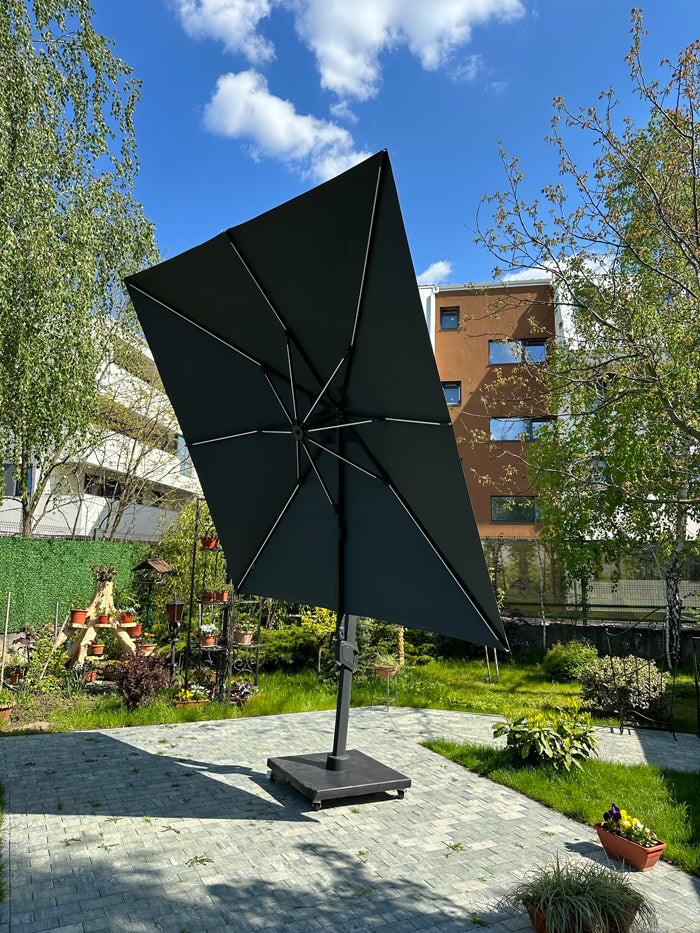 Umbrela de soare 3x3m pentru terasa si gradina, aluminiu, pliabila,cu iluminare LED, culoare gri antracit, include suport de plastic — imaginea 10