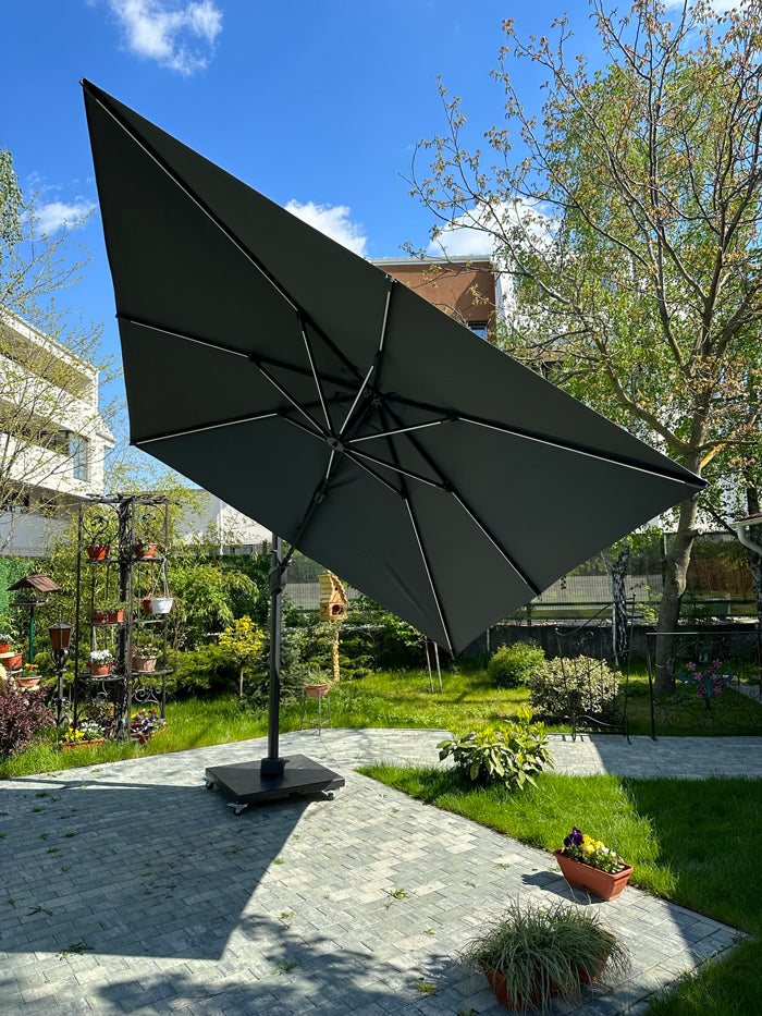 Umbrela de soare 3x3m pentru terasa si gradina, aluminiu, pliabila,cu iluminare LED, culoare gri antracit, include suport de plastic — imaginea 4
