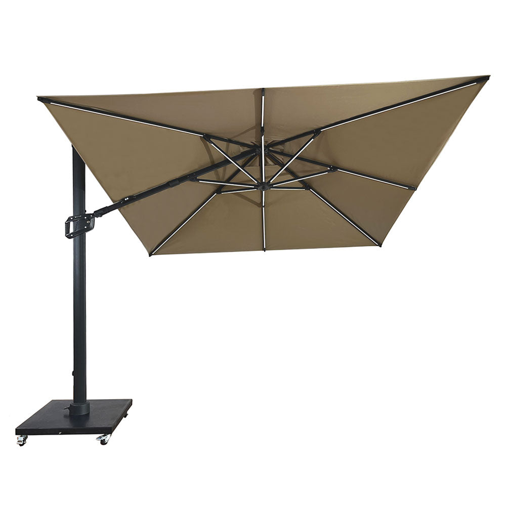 Umbrela de soare 3x3m pentru terasa si gradina, aluminiu, pliabila,cu LED culoare kaki, include suport granit — imaginea 1