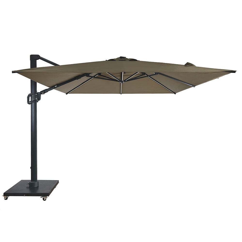 Umbrela de soare 3x3m pentru terasa si gradina, aluminiu, pliabila,cu LED culoare kaki, include suport granit — imaginea 3