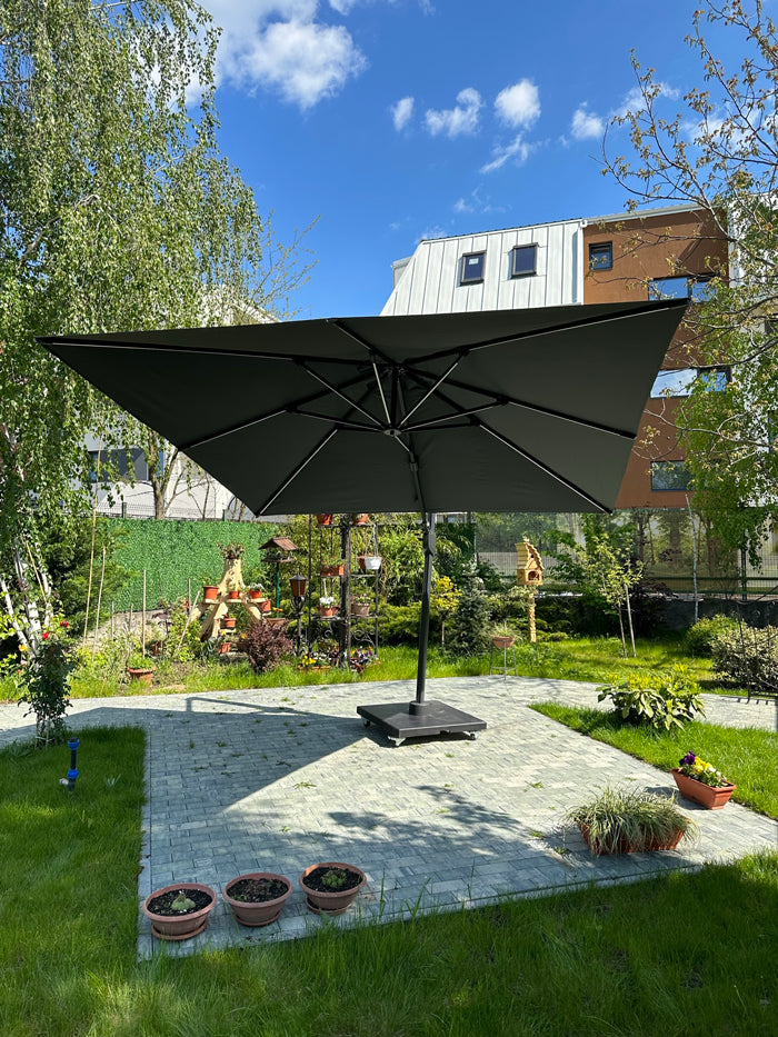 Umbrela de soare 3x3m pentru terasa si gradina, aluminiu, pliabila, culoare gri antracit, include suport de plastic — imaginea 3