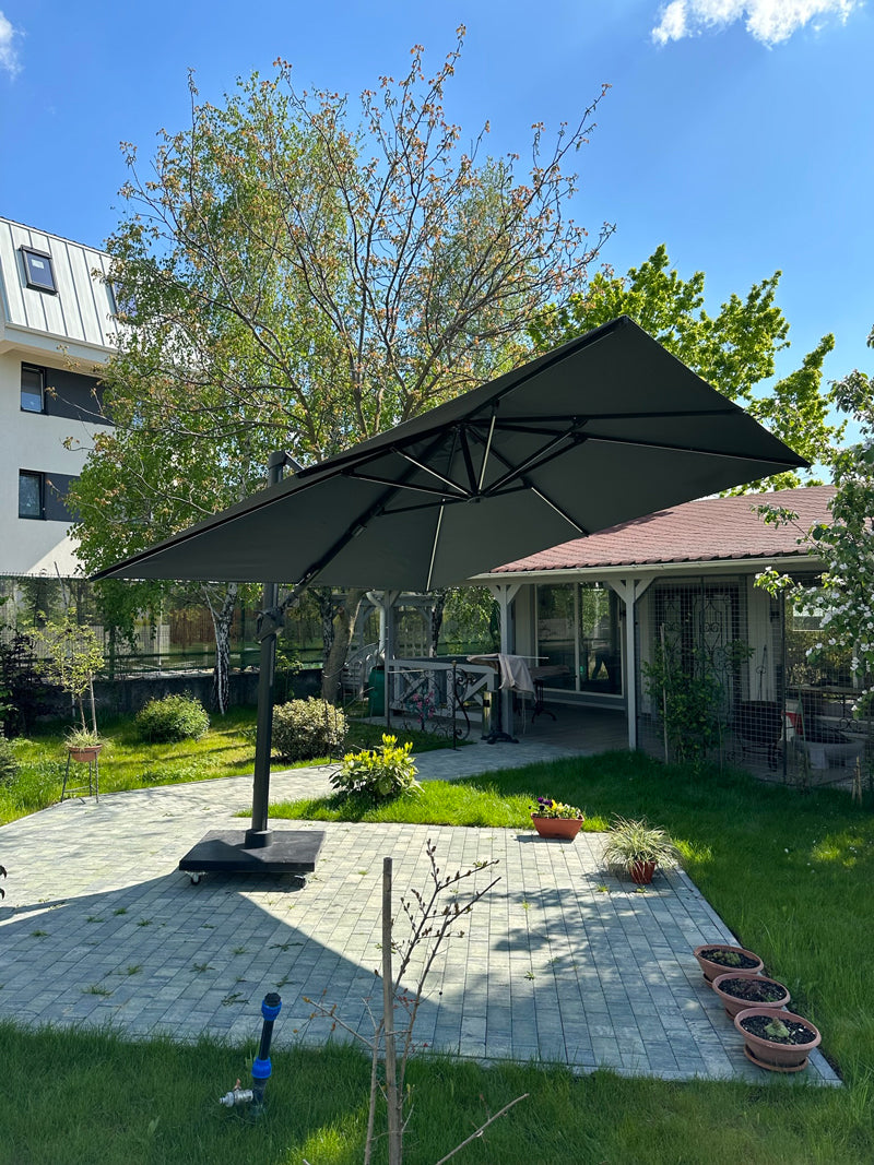 Umbrela de soare 3x3m pentru terasa si gradina, aluminiu, pliabila, culoare gri antracit, include suport granit — imaginea 5