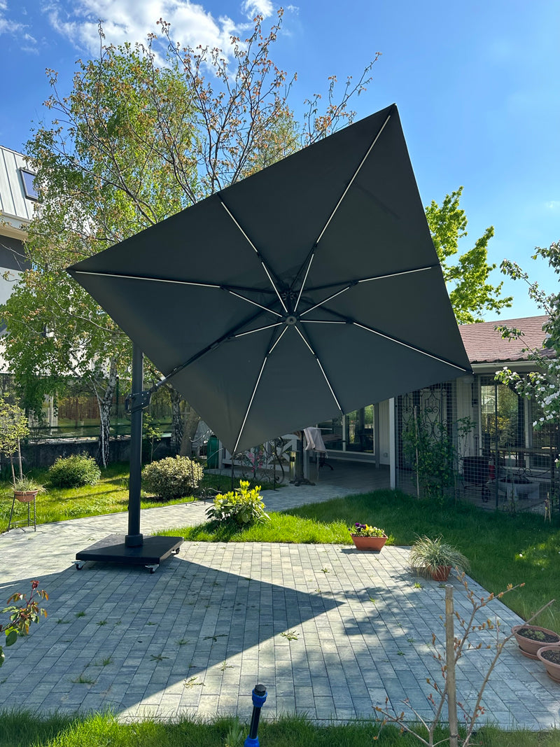 Umbrela de soare 3x3m pentru terasa si gradina, aluminiu, pliabila,cu LED culoare gri antracit, include suport granit — imaginea 4